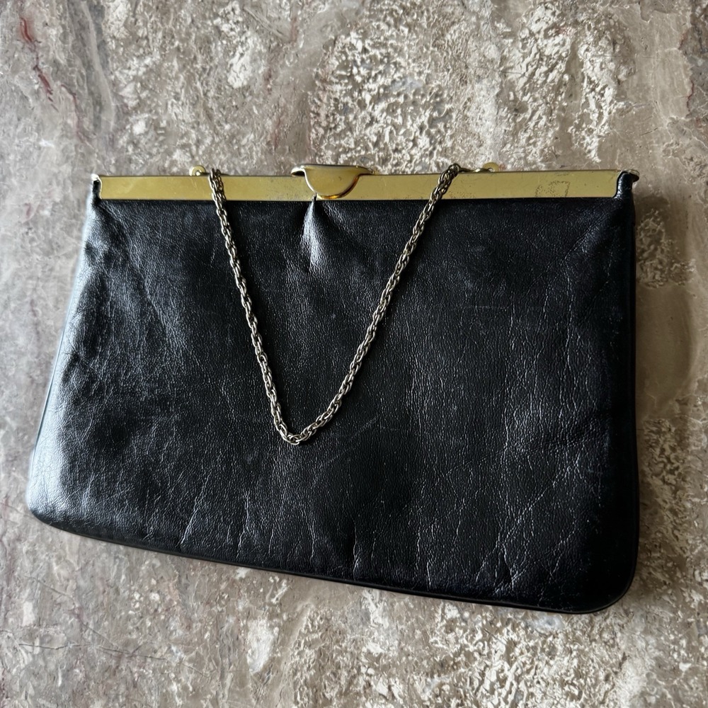 Vtg Etra Genuine Leather Clutch Bag Purse Black Hinge Flip ClaspChain Strap